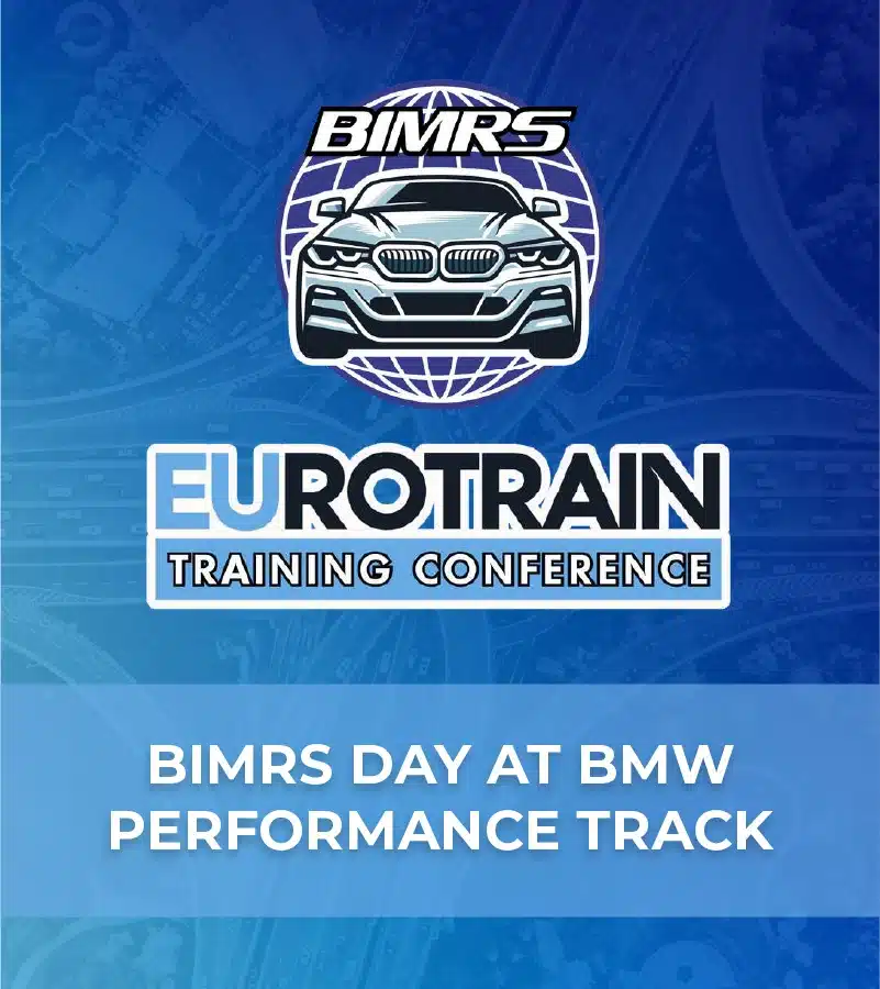 Graphic for EuroTrain Training Conference with logos and 'BIMRS day at BMW Performance Track' text on a blue background.