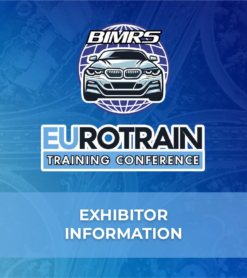 Graphic for EuroTrain Training Conference with logos and 'Exhibitor Information' text on a blue background.