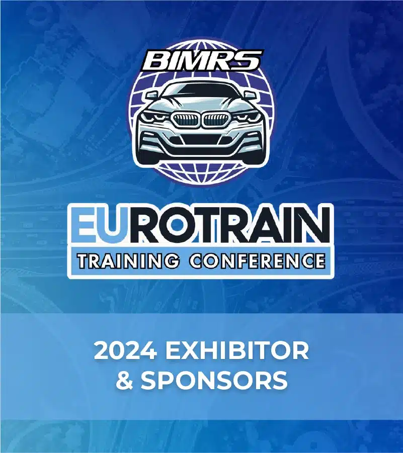 Graphic for EuroTrain Training Conference with logos and '2024 Exhibitor & Sponsors' text on a blue background.