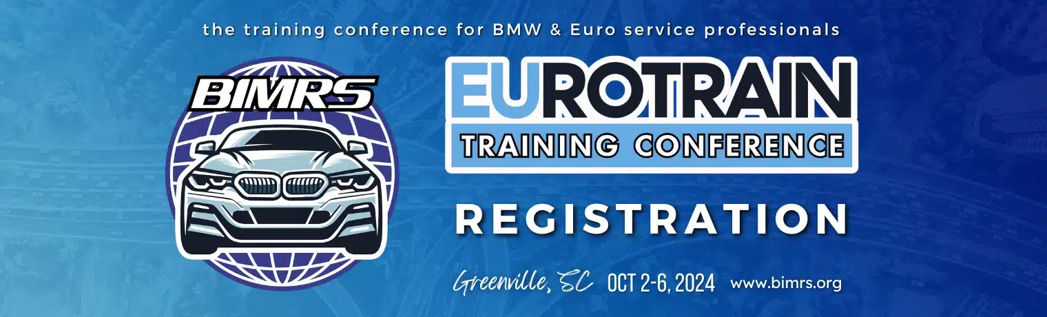 Banner for BIMRS & Eurotrain Training Conference with Registration, Greenville, SC, Oct 2-6, 2024, and website link.